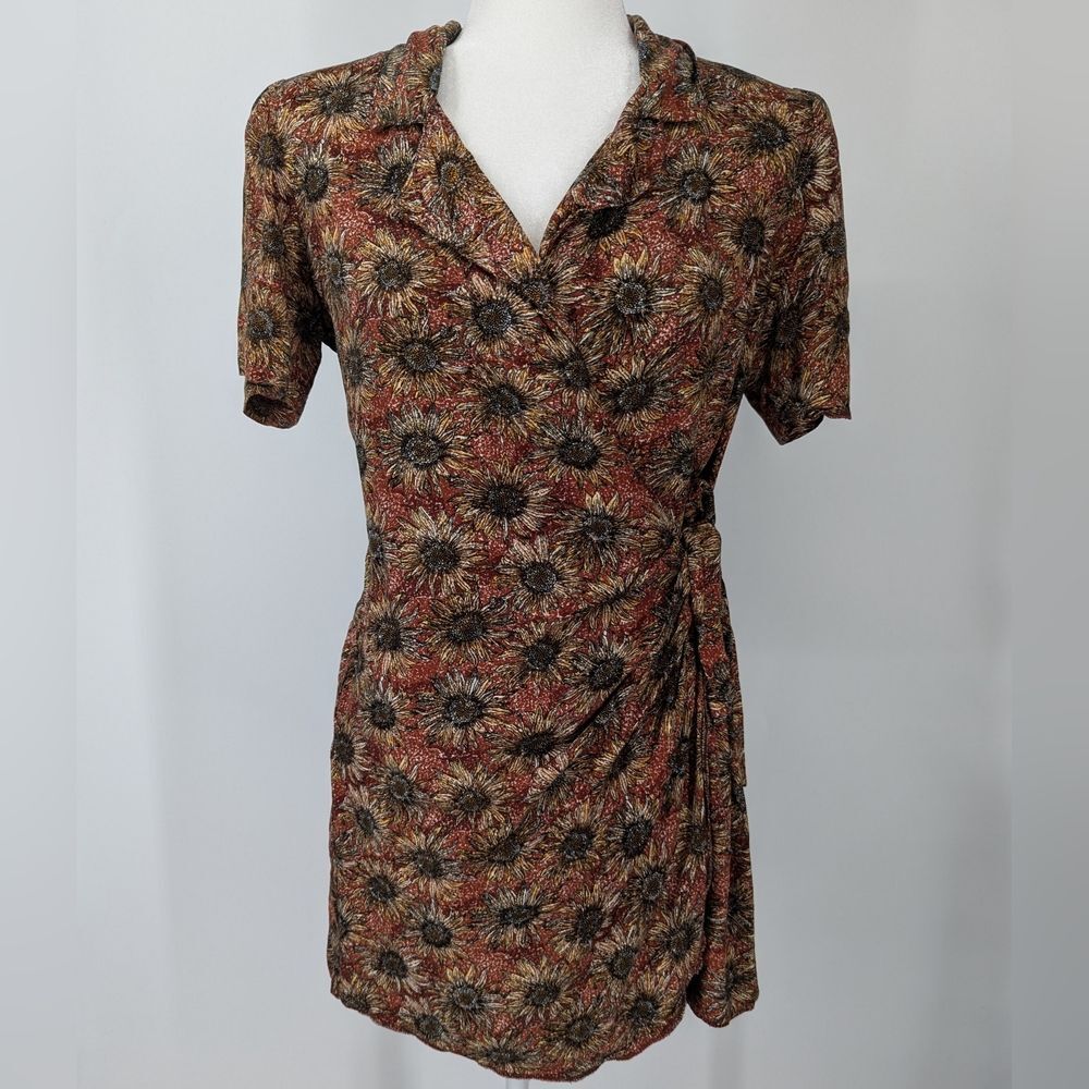 Vintage 90s 1990s Jamie Brooke Brown Floral Sunflower Wrap Romper Playsuit Small